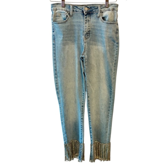 Forever 21 Rhinestone Fringe Ankle Light Blue Wash High Waisted Jeans size 27 - Picture 12 of 12